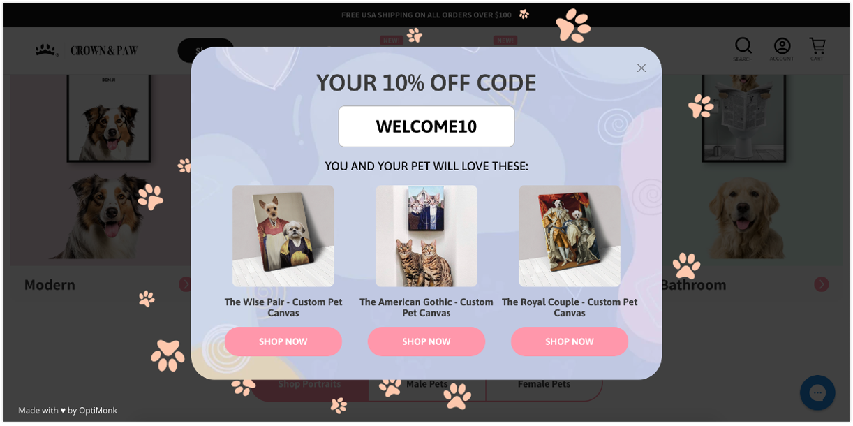 Crown & Paw's segmentation popup helps to engage new customers