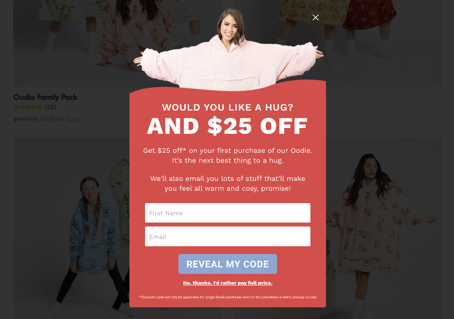 Exit-intent popup example from The Oodie offering $25 OFF