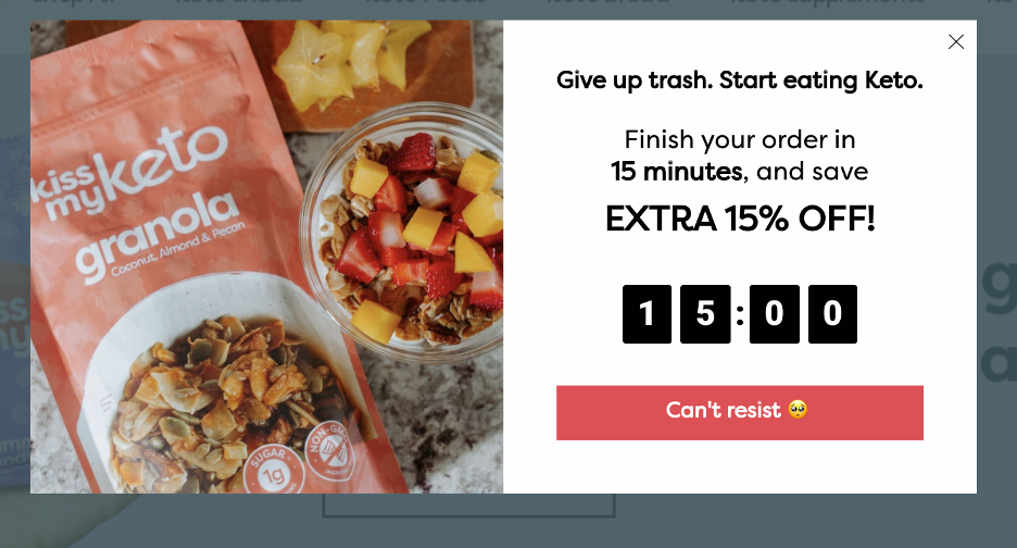 Exit-intent popup with a countdown timer from Kiss my Keto