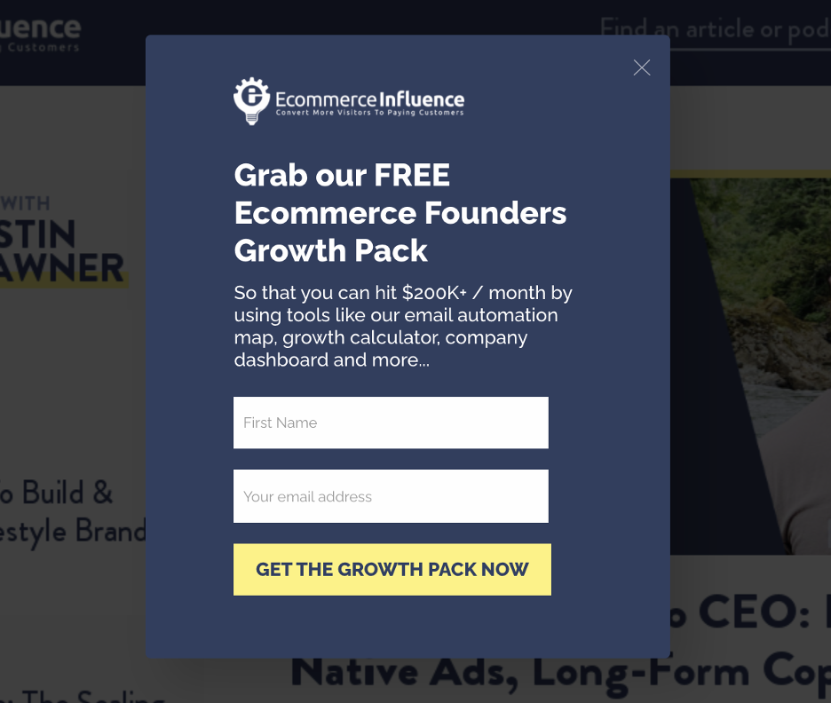 Exit-intent popup example with a great lead generation strategy from Ecommerce Influence
