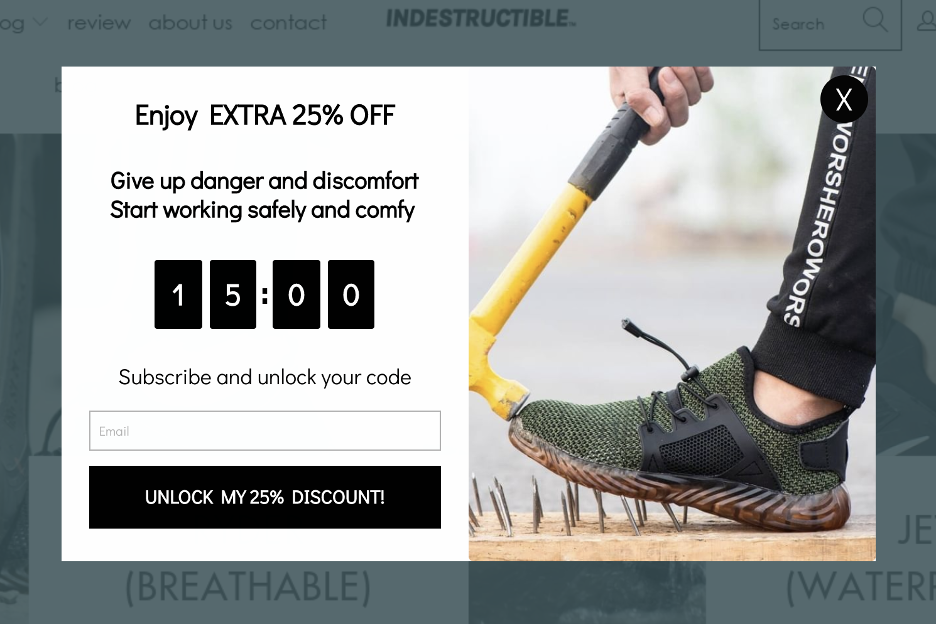 Exit-intent popup example from Indestructibleshoes promoting a discount