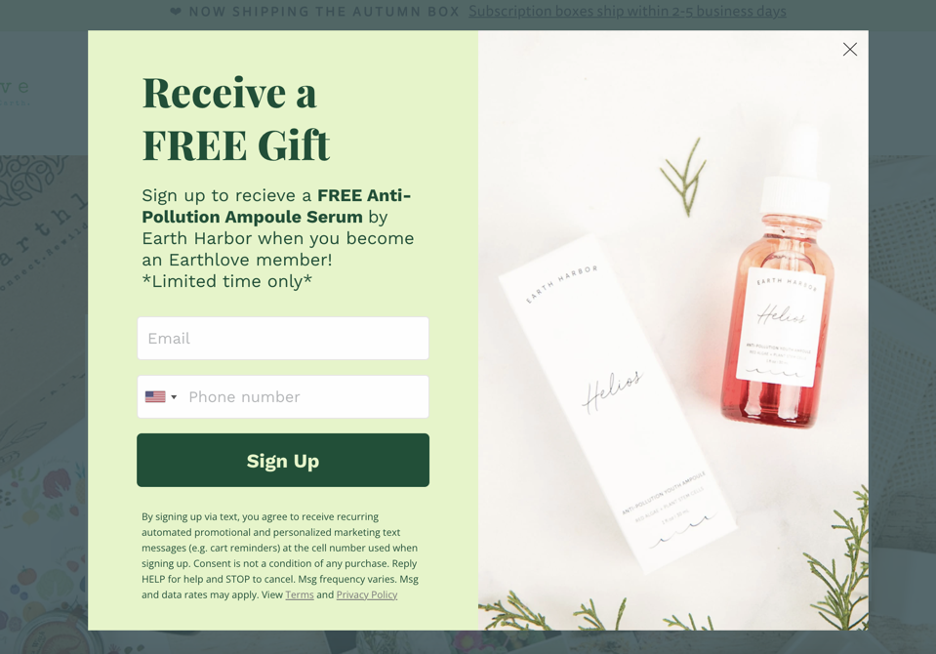 Free gift Exit-intent popup example from Earthlove